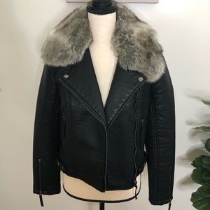 Topshop Black Leather Jacker Faux Fur